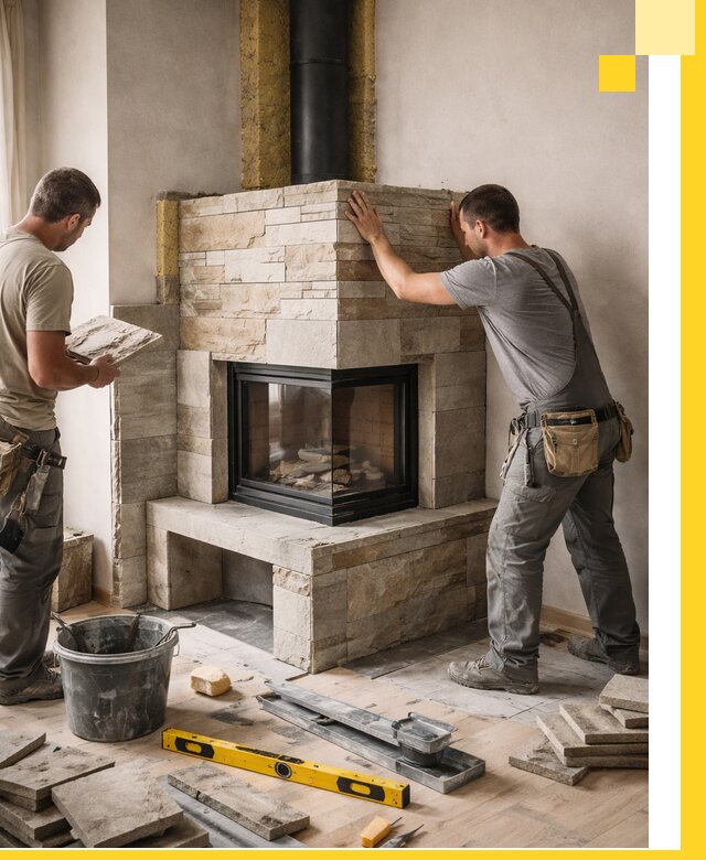 Угловые камины под ключ проект, монтаж и отделка в Ивантеевке